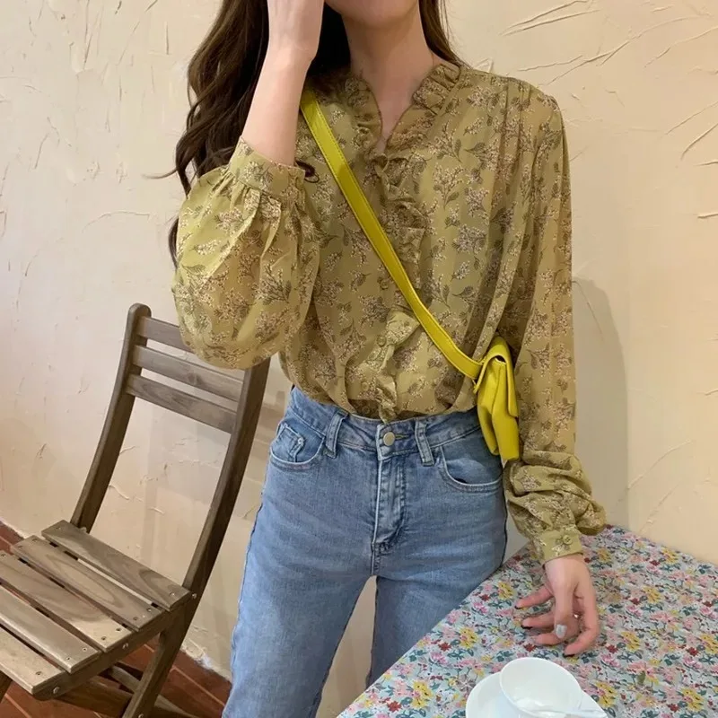 Sweet Button Printed Floral Women Shirt Casual Slim Chiffon Blouse Korean Style Puff Long Sleeve Office Lady Tops Blusas 10314