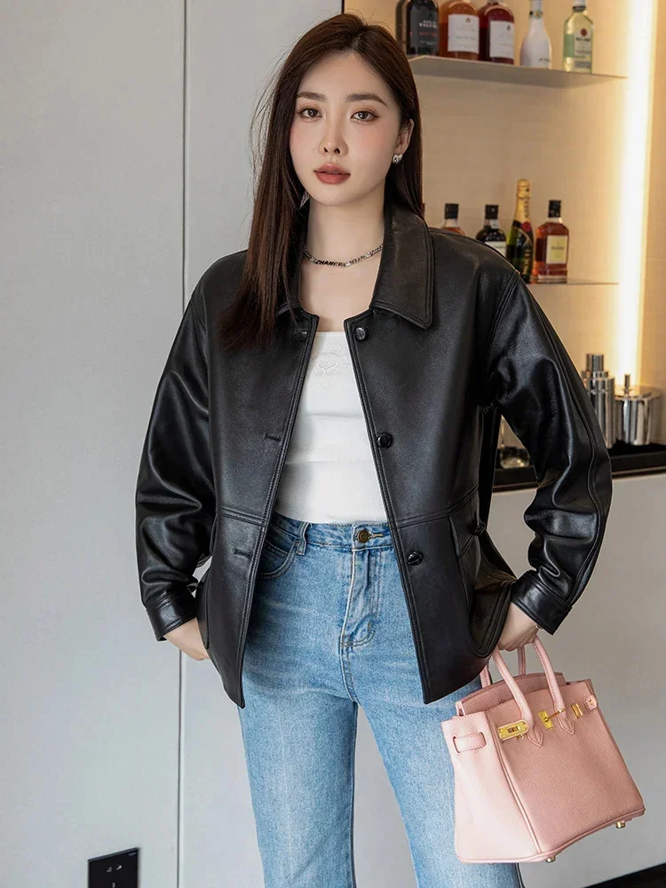 Real Black Sheepskin Coat for Women Spring Autumn 2024 Trend Simple Casual Loose High-end Genuine Leather Jackets