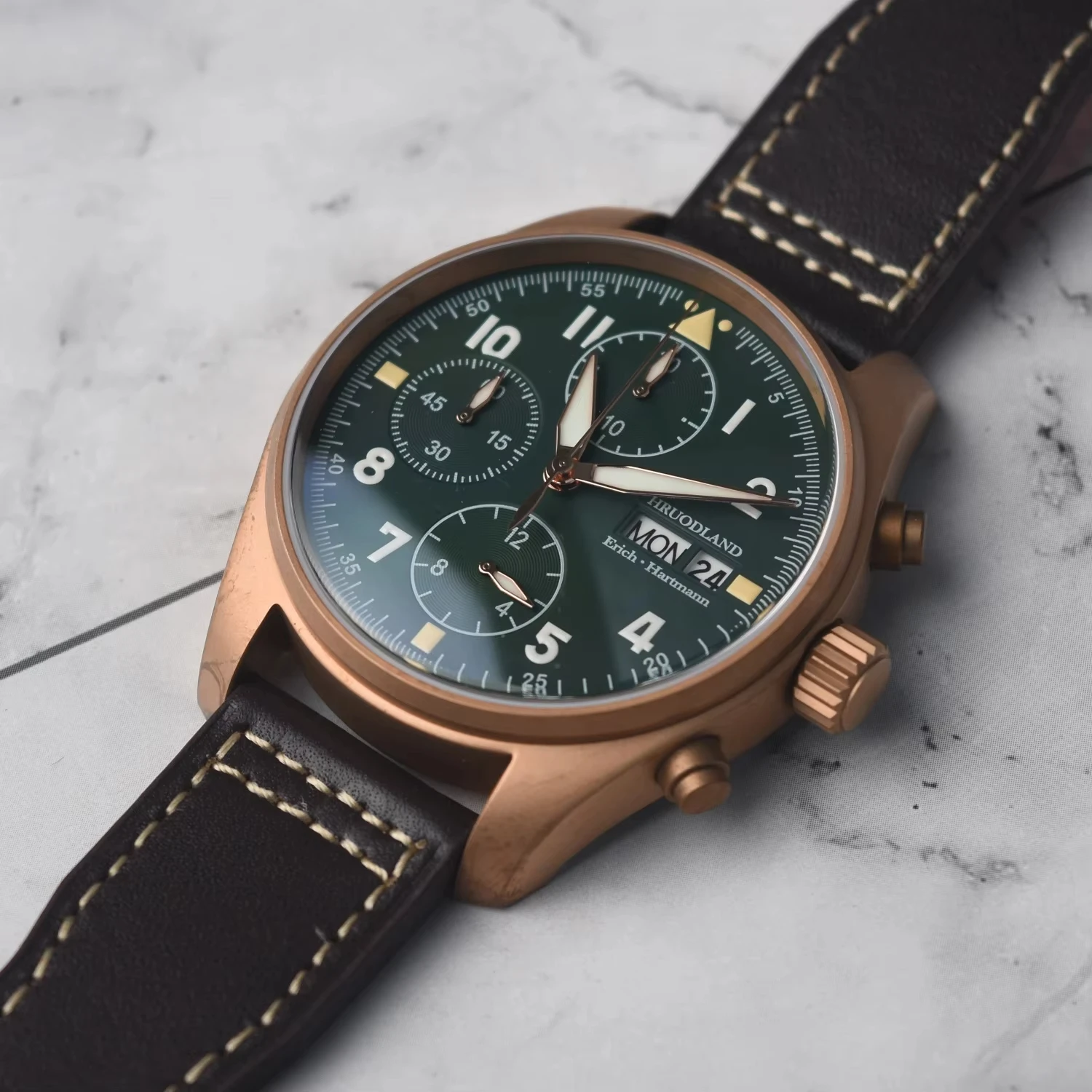 Hruodland Solid Bronze Quartz Mens Watches Sapphire Crystal 100m Water Resistant Multifunction Chronograph Pilot Wristwatches