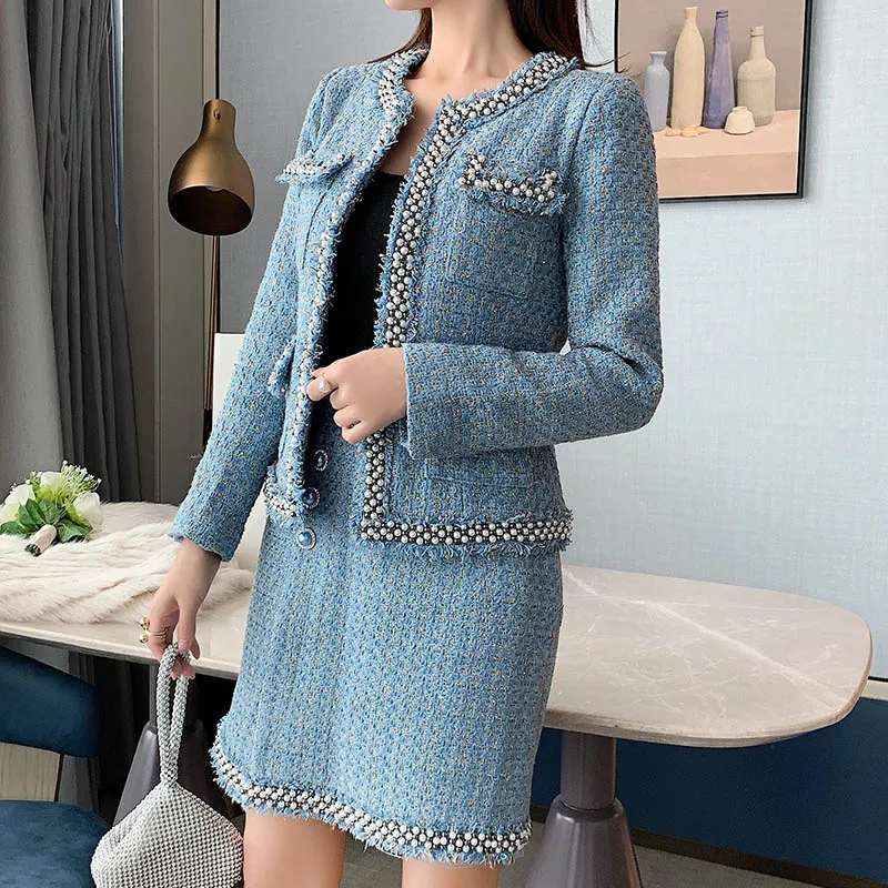 Fashion Women Beaded Sequined Plaid Tweed Jacket Mini Skirt Two Piece Sets New O-Neck Blue Elegant Ladies Skirt Matching Set S-L