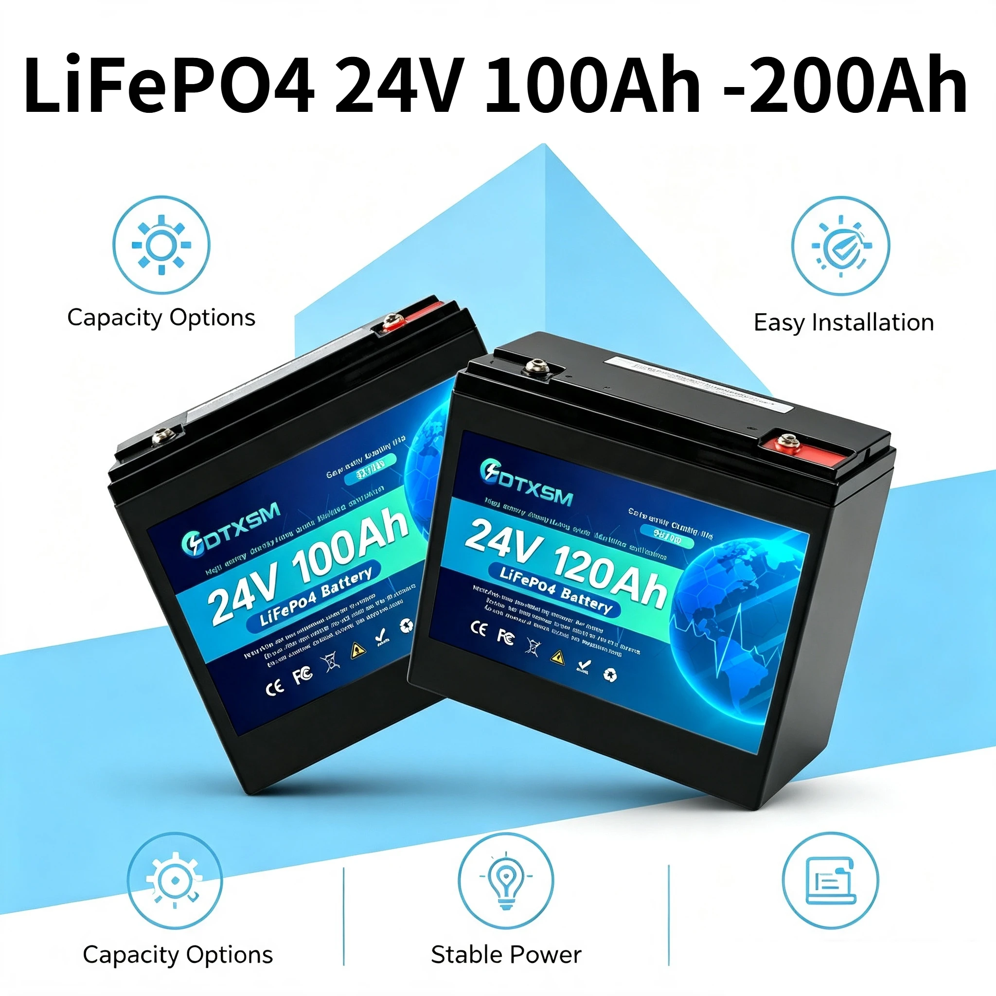 100% New 24V LiFePO4 24V 100Ah/120Ah Battery, Built-in120A BMS,Built-in 120A BMS, 8000+ Cycles, with Power Display Function