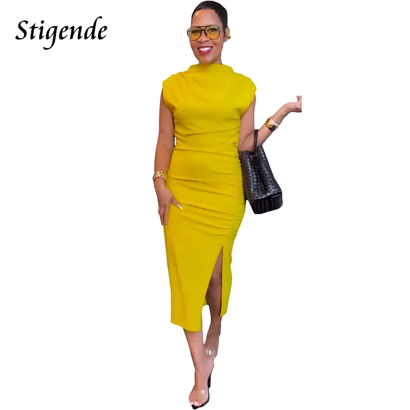 Stigende Women Sleeveless Irregular Ruched Dress Sexy Side Split Bodycon Midi Dress