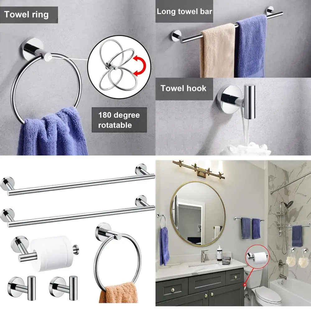 

24 Polished Chrome Bathroom Accessory Set, Stainless Steel Towel Bar and Holder, Wall Mounted Towel Racks