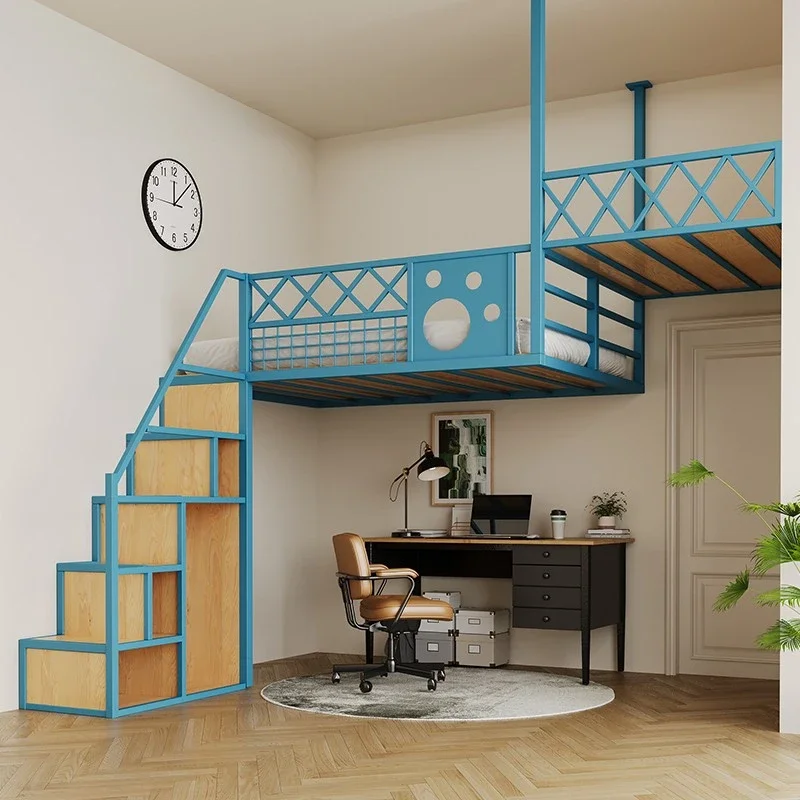 Space-saving elevated suspended iron frame bed hammock second floor loft ladder cabinet bed storage platform