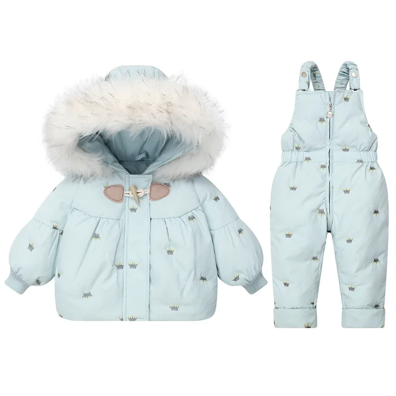 

2024 Children Winter Boy Overall Hooded Duck Down Jacket for Girl 1-4 Years Kids Jumpsuit Toddler Snowsuit Baby Clothes Set 2pcs