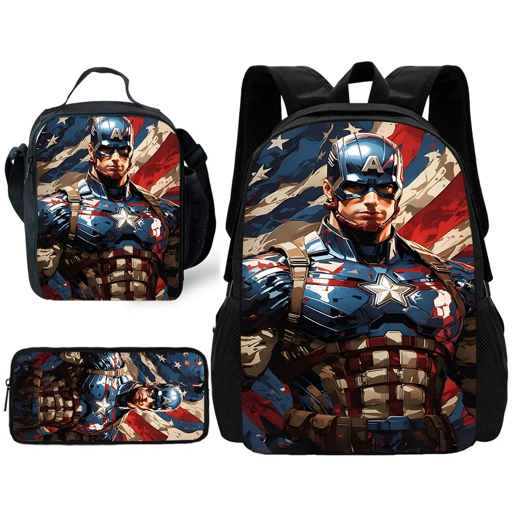 Child School Captains America Backpack with Lunch Bags ,Pencil Bags ,School Bags for Boys Girls Best Gift