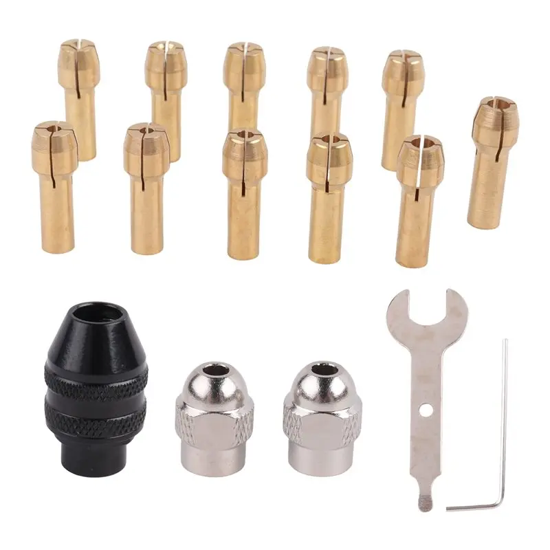 Feb.16Pcs Drill Chuck Collet Set, 1/32 To 1/8Inch Drill Chuck Collet Set With 11Pcs Brass Collet, 3Pcs Chuck, 2Pcs Wrench