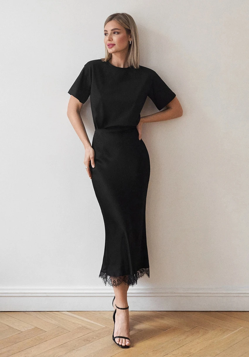 Женская Юбка-миди с высокой талией, черная элегантная юбка-годе, кружевная уличная длинная юбка составного кроя с высокой талией, весна-лето 2024