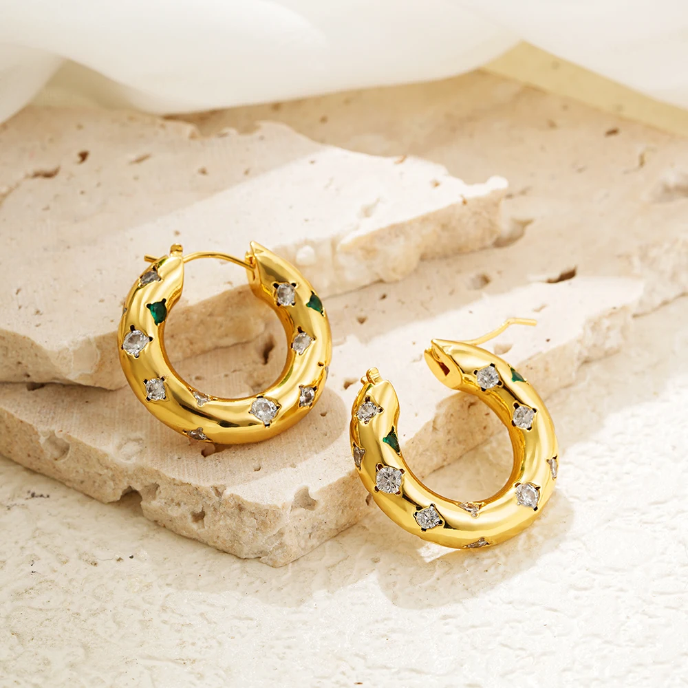 Exquisite Stainless Steel Crystal Zircon Gold Color Ear Buckle Hoop Earrings for Women Thick Round Circle Huggie Earring Jewelry