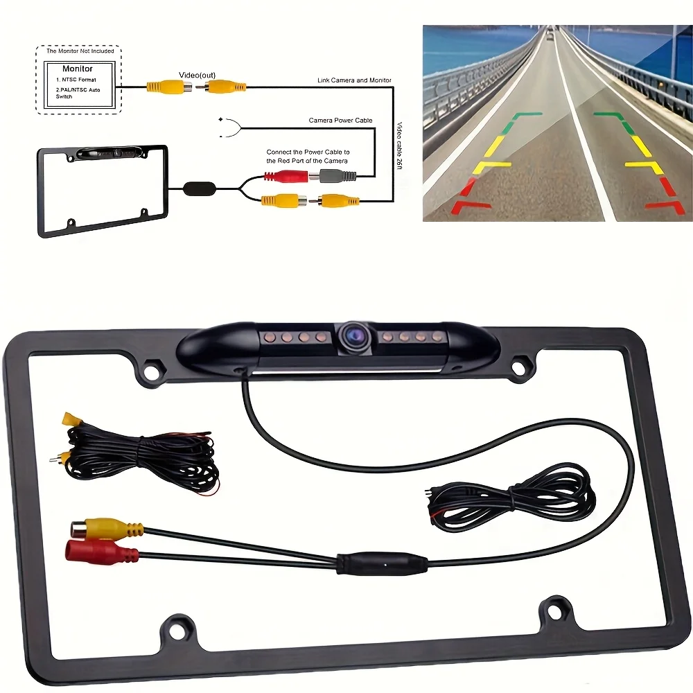 US License Plate Metal Frame Rear View Backup Camera CMOS HD Night LED Black