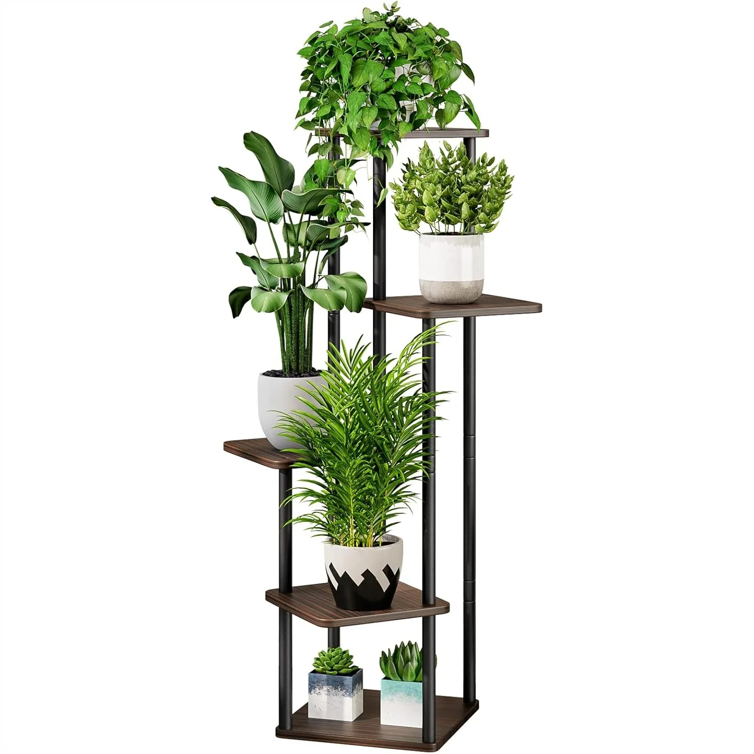 

5 Tier Plant Stand Indoor Metal Flower Shelf for Multiple Plants Corner Tall Holder Patio Garden Living Room Balcony, Black Oak