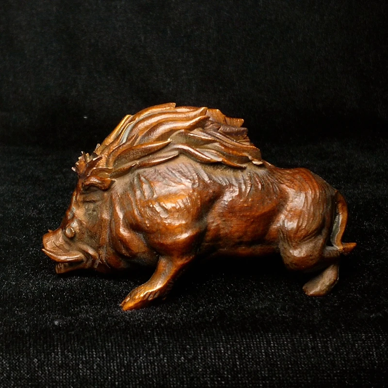 YIZHU CULTUER ART Old Chinese boxwood hand carved wild boar Figure statue desk decoration Gift Collection Size 9 CM