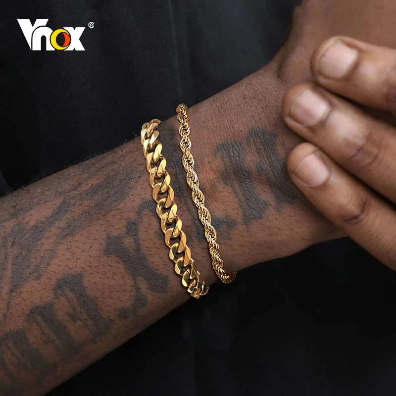 Vnox Basic Men's Cuban Twist Rope Chain Bracelets 1/2/3Pcs in One Set, Gold Color Stainless Steel Figaro Wheat Links