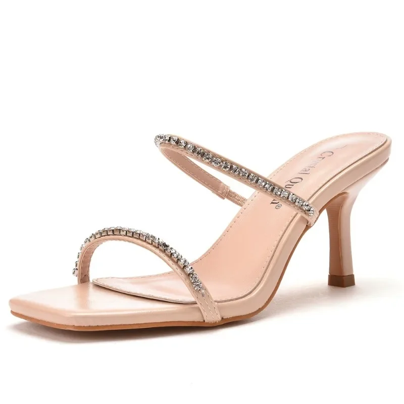 Pumps Women Heeled Sandals Summer Rhinestone Slip On PU 7CM Thin Heels Office Work Japanese Style Women Shoes Apricot