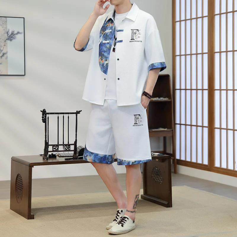

2026 summer Men's Casual Sets Chinese style Shirts + shorts summer 100% Cotton Sportswear Male Fashion Chinesestyle sets