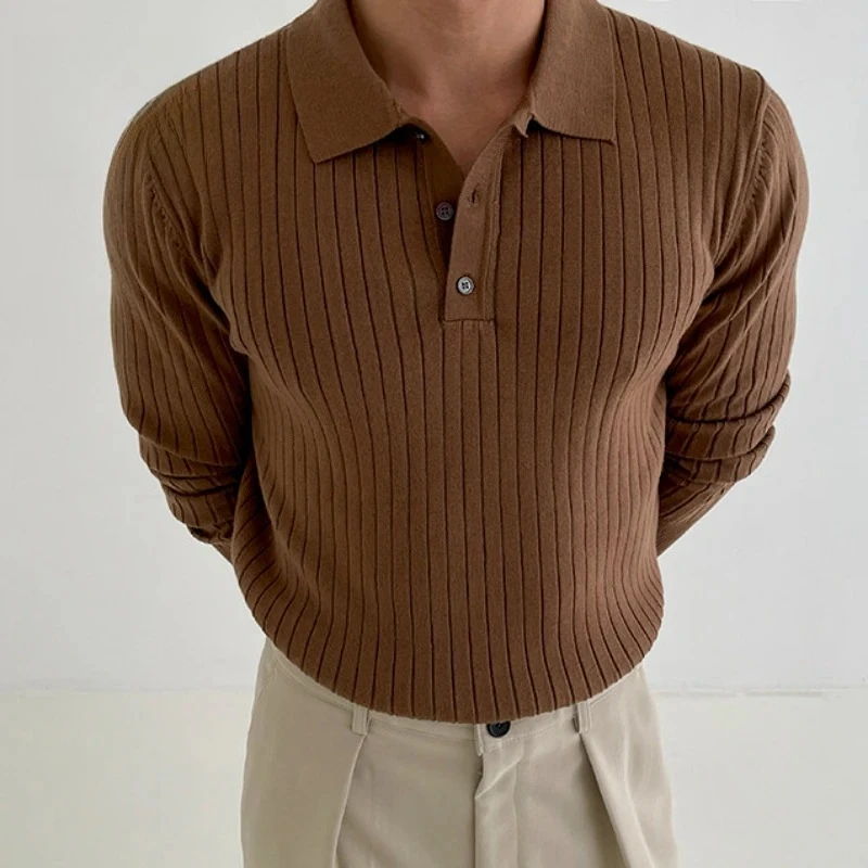Striped Polo Shirt for Business and Casual Occasionsmen Breathable  Stretchy Slim  Knitted Pullover, Long-sleeve Sweater J56