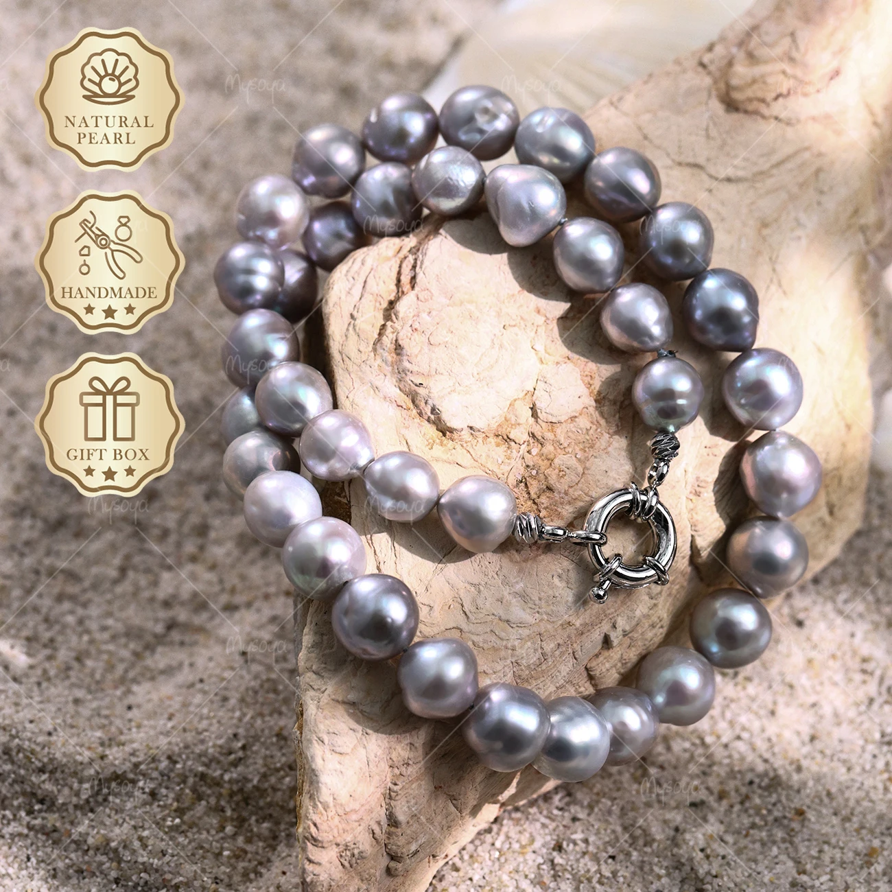 

MYSOYA Large Gray Baroque Freshwater Pearl Necklace 10-11mm Silver Nautical Clasp, Gift Box S359