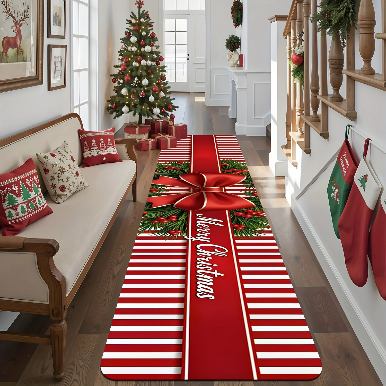 Home Textiles Rug - 1pc Christmas Candy‑Cane, Star, Poinsettia, Bell