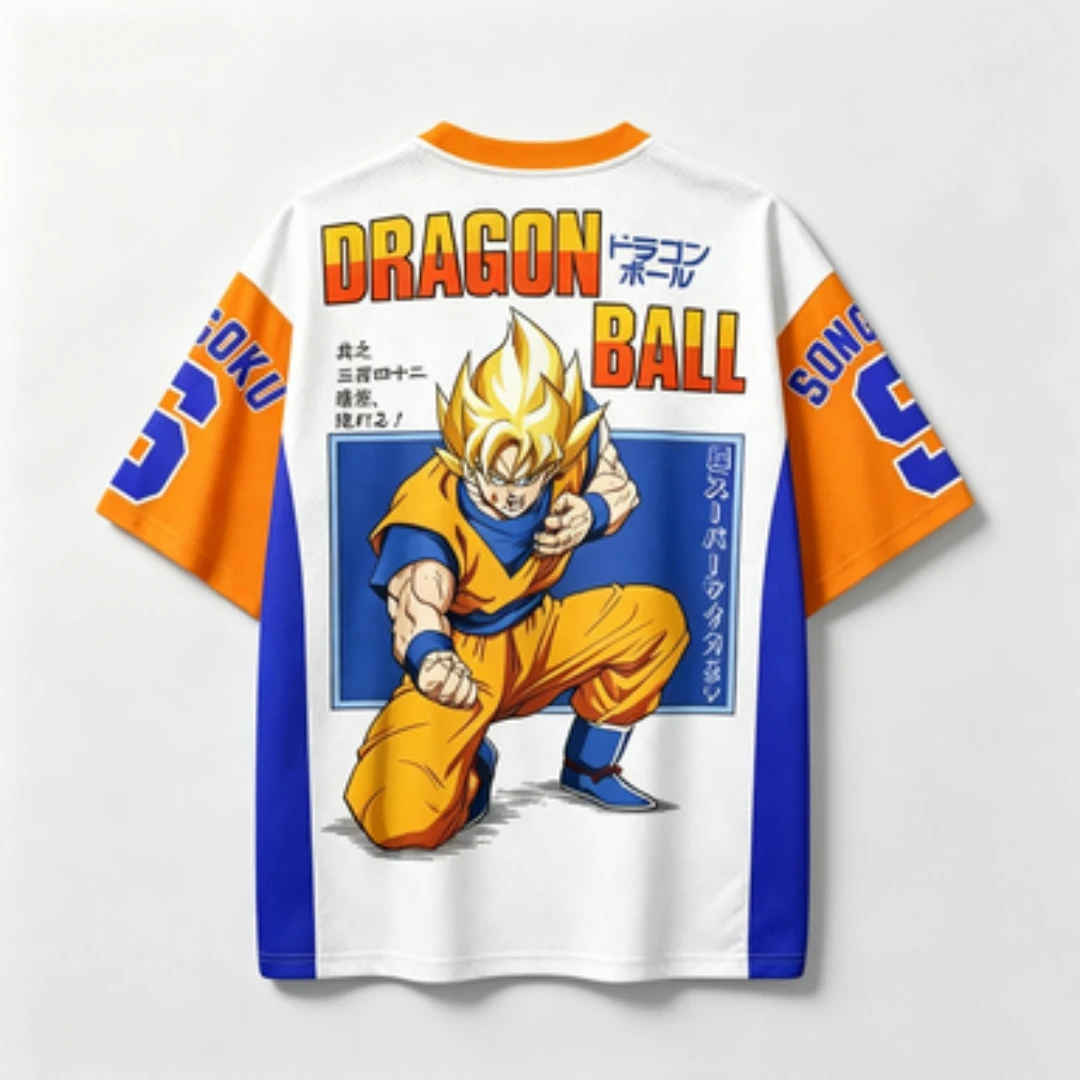 Dragon Ball Wukong Super Saiyan Printed Mesh Jersey Breathable V-neck Blue Digital Pattern Sports and Leisure Loose Shirt