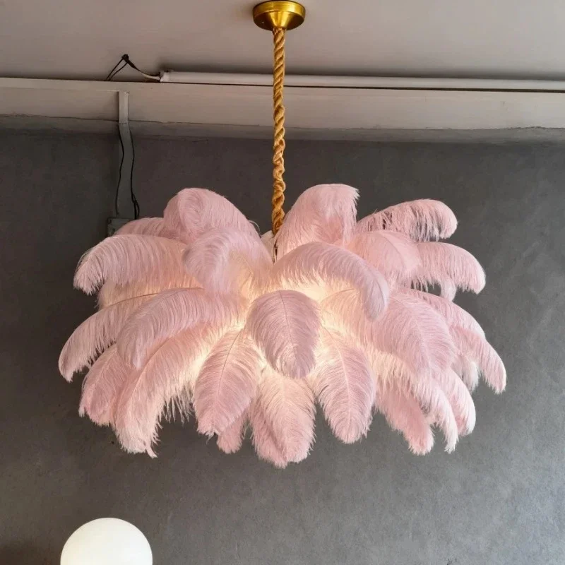 TechHP Nordic Ostrich Feather Decorative Chandelier For Indoor Lighting Furniture Living Room Bedroom Ceiling Chandelier