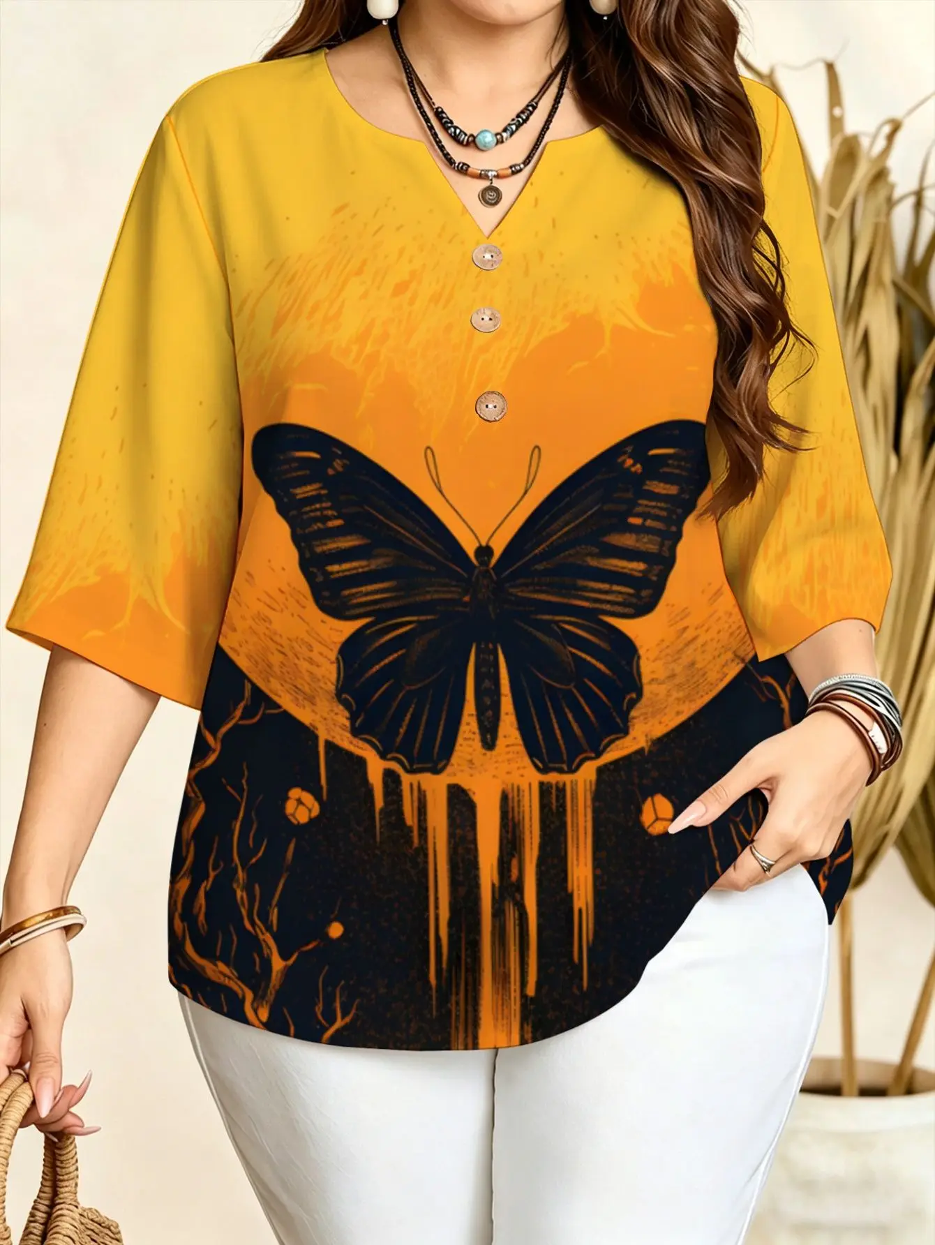 Butterfly Geometric Stripe Print Blouses Notch V Neck 3/4 Sleeve Loose Plus Size Women Casual Tops