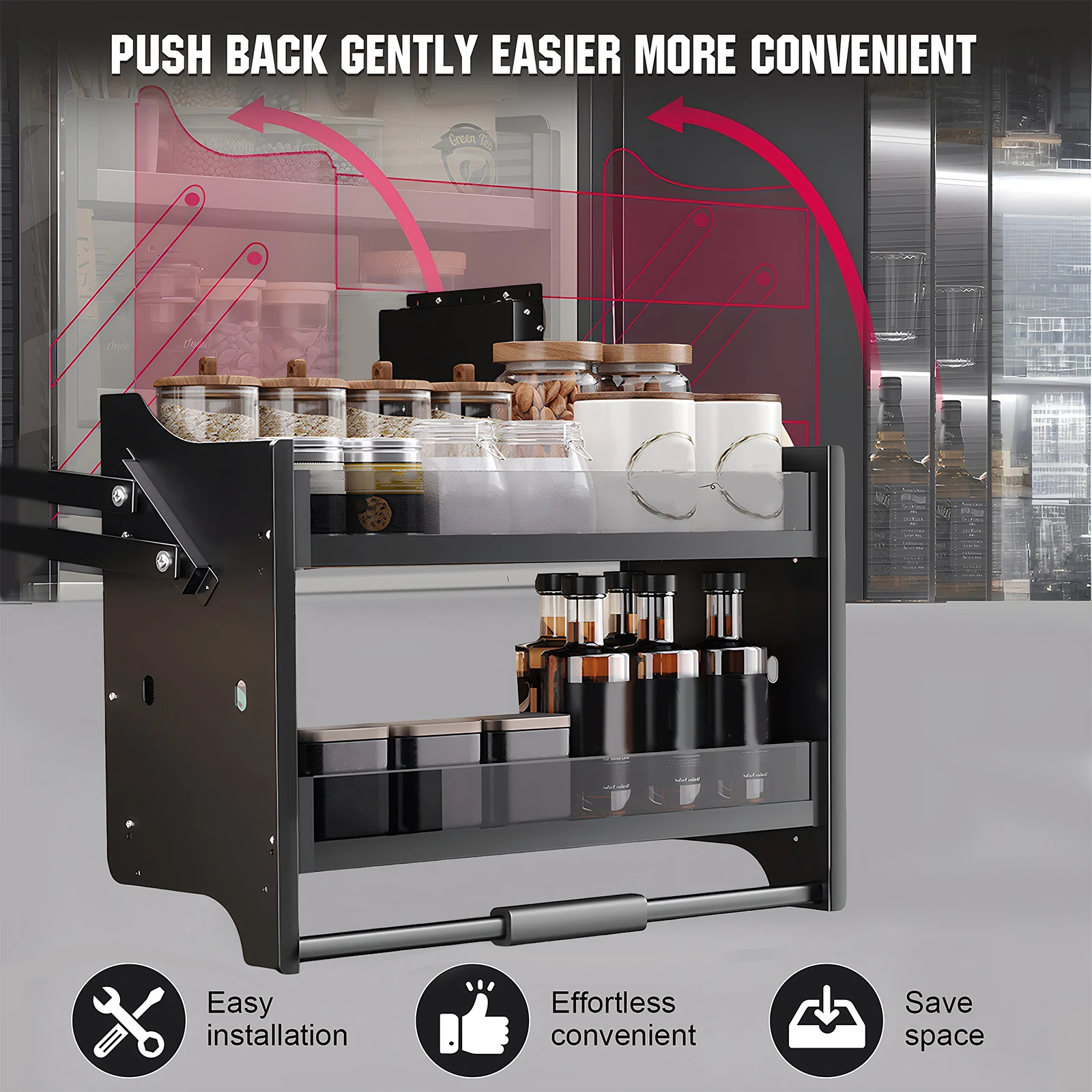 

Подвесная полка-органайзер для специй с регулируемой вместимостью, настенная подъемная корзина с регулируемой нагрузкой для кладовок и шкафов