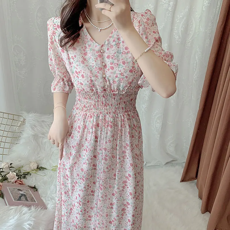 

Elegant V-Neck Midi Dress Woman Vintage Floral Print Chiffon Dress Elastic High Waist Short Sleeve Summer Dress 2022 Vestidos