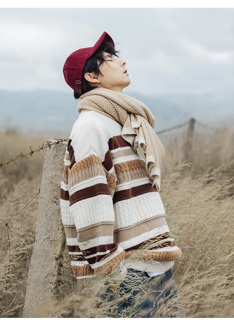 2025 Autumn Winter Men's Crew Neck Striped Off-White Color Block Sweater Casual Loose Warm Khaki Black Knitwear