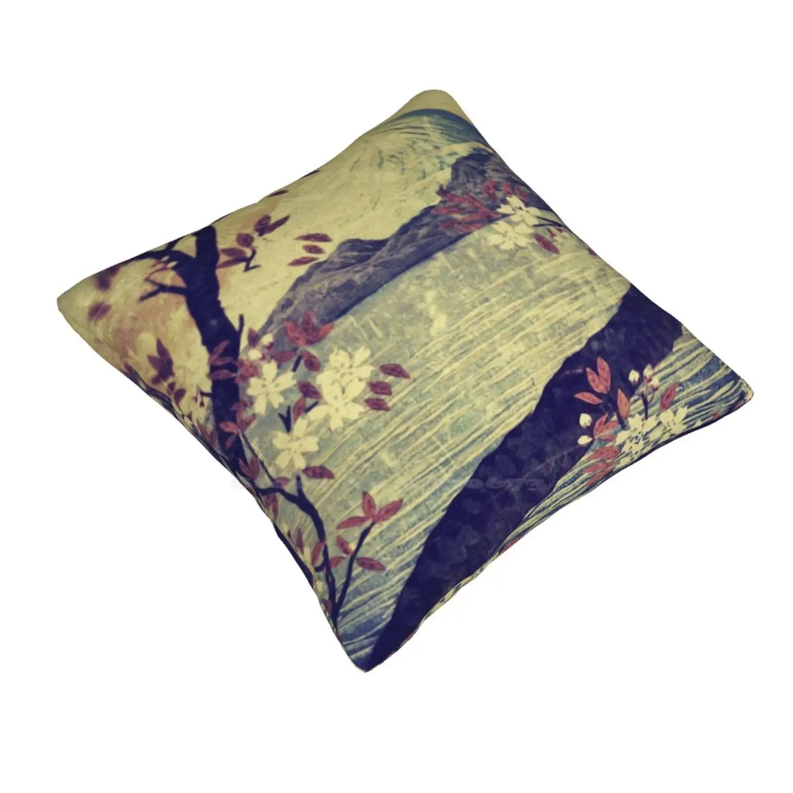 Templing At Hanuii Home Sofa Car Waist Throw Pillowcase Japanese Mountain Fuji Snow Lake Tree Flowers Vintage Asian Ukiyo E