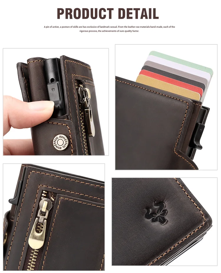 HUMERPAUL Herren-Kartenhalter mit Geldfach, Crazy Horse-Leder, Pop-Up, minimalistische Geldbörse, RFID-blockierendes, schlankes Bankkartenetui aus Metall – Detail 12