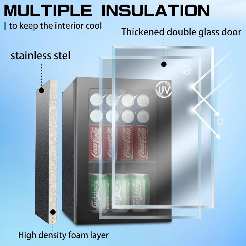 ตู้เย็นเครื่องดื่มขนาดกะทัดรัด ตู้เย็น 20 กระป๋อง/0.9 ลูกบาศก์ฟุตพร้อมประตูกระจกด้านหน้าสําหรับโซดา เบียร์ หรือไวน์ ใต้เคาน์เตอร์ขนาดเล็ก