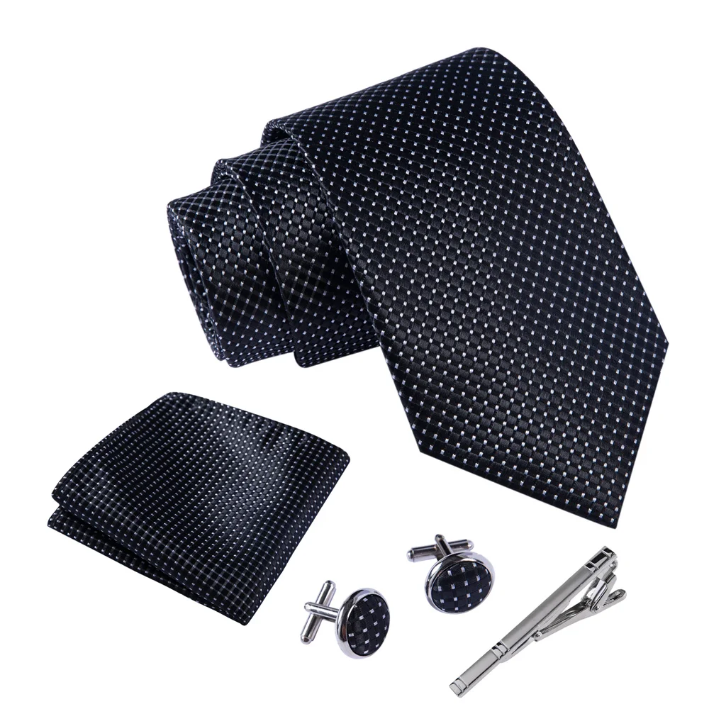 Ikepeibao-Conjunto de corbata de cachemira negra para Hombre, gemelos de Metal con Hankie, conjunto de clips, traje Formal, accesorios para Hombre, corbata de rendimiento