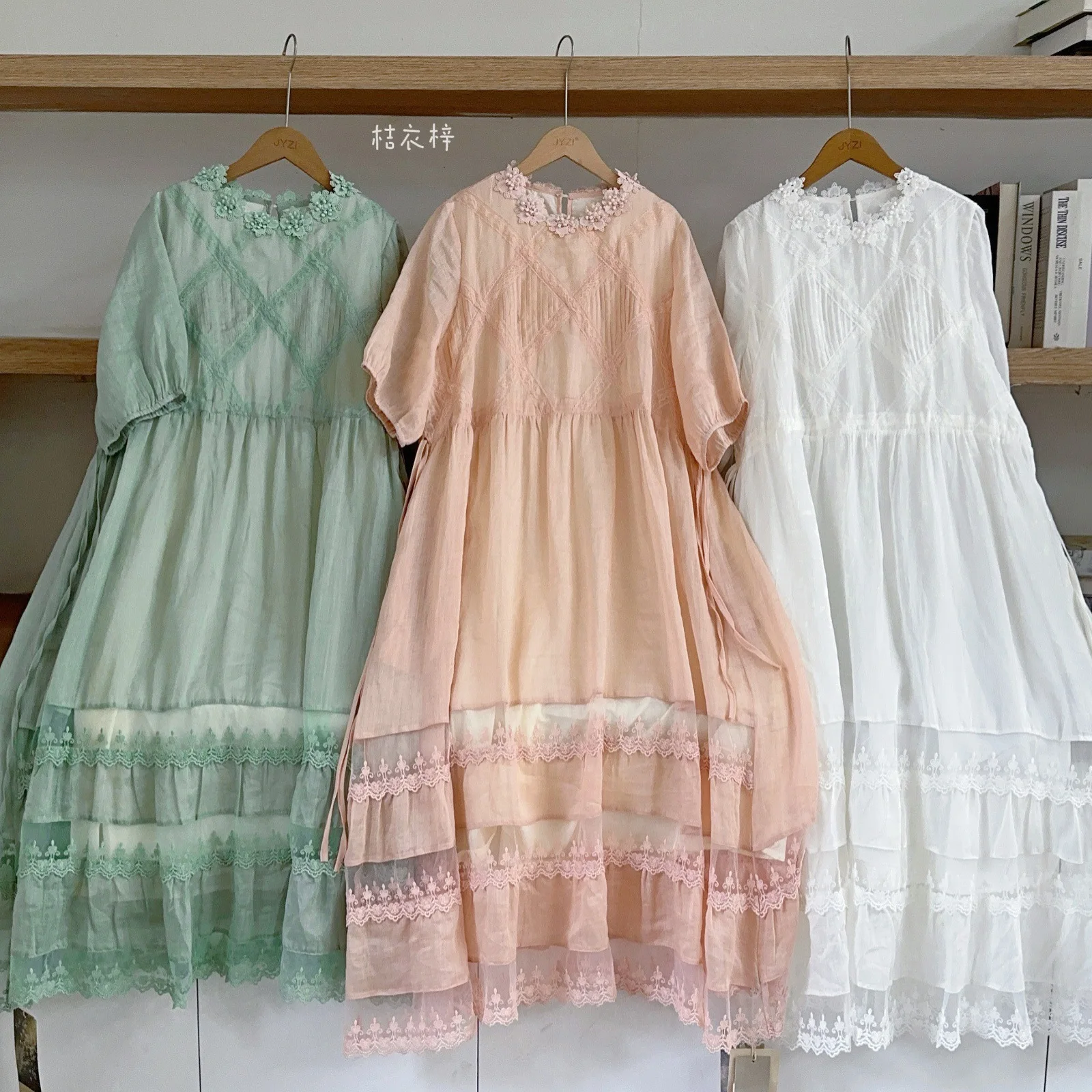 

Japanese High-End New Summer Dress Sweet Lace Patchwork Ramie Dress Solid Color Loose Dress