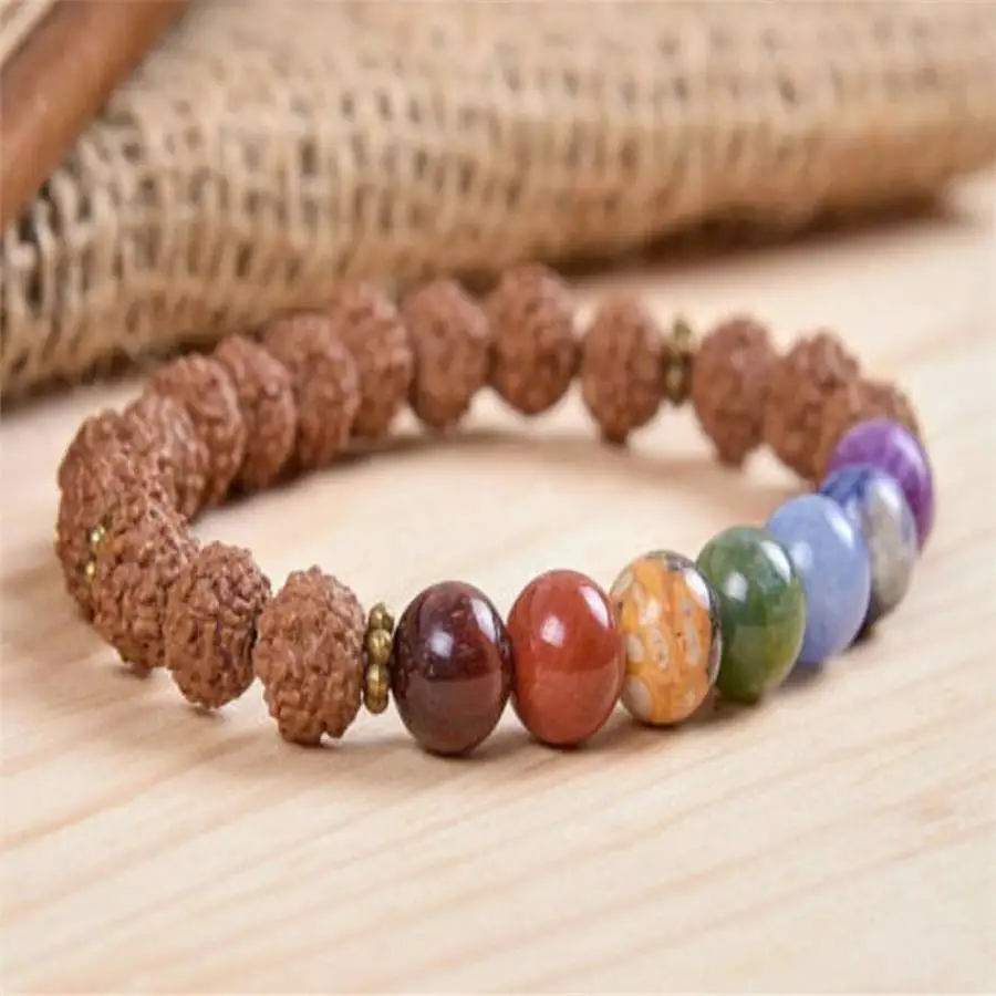 8mm Rudraksha 7 Chakras Gemstone Mala bracelet Natural stone Women Hand zazen Jewelry Chakra Mala tassel Meditation elastic view 3
