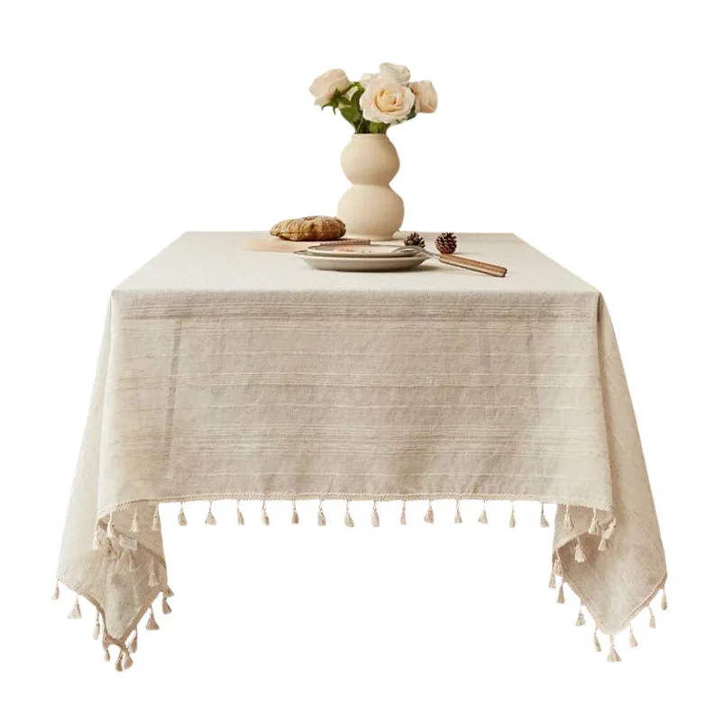 Imagen 7: Mantel de lino y algodón a rayas con borlas, mantel rectangular a prueba de polvo para el hogar, adecuado para decoración de mesa de cocina y comedor