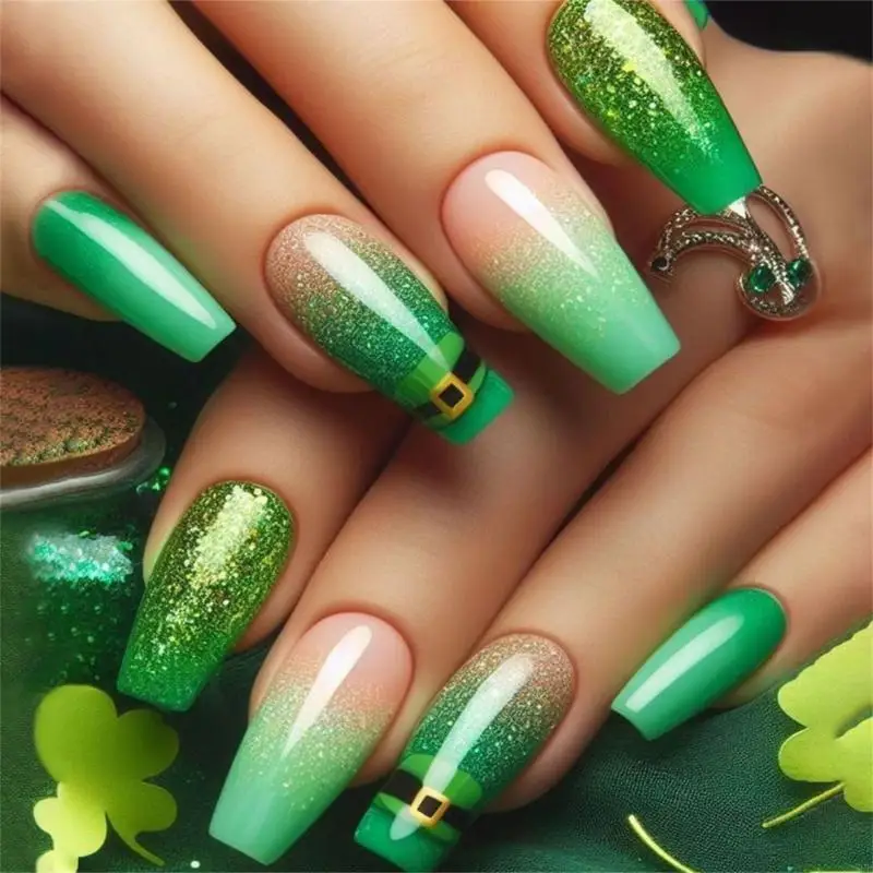 Q1FB Saint Patrick’s Day Press On Nail Fake Nail Glues On Nail Artificial Acrylic Nail Stick On Nail Leprechaun Hat Design