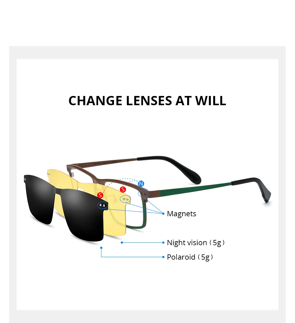 FONEX Titan-Brillengestell für Herren, japanische Brillen, quadratischer Magnet, Clip-on-Brille mit Nachtsicht und polarisierter Linse 85776 – Detail 3