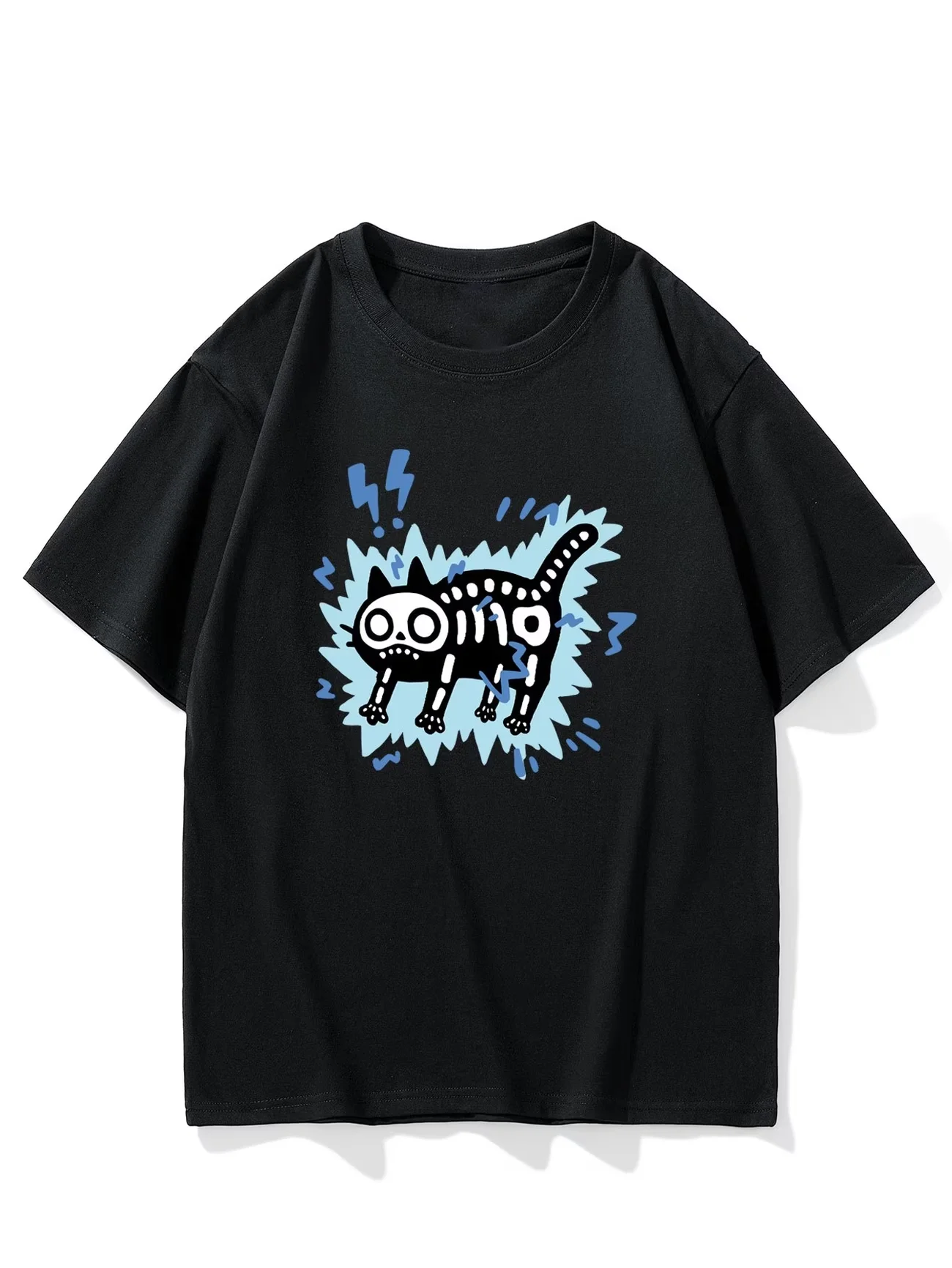 Funny Electric Shock Cat T-Shirt Humorous Skeleton Kitten Graphic Tee Cute Animal Print Summer Short Sleeve Top Unisex Casual