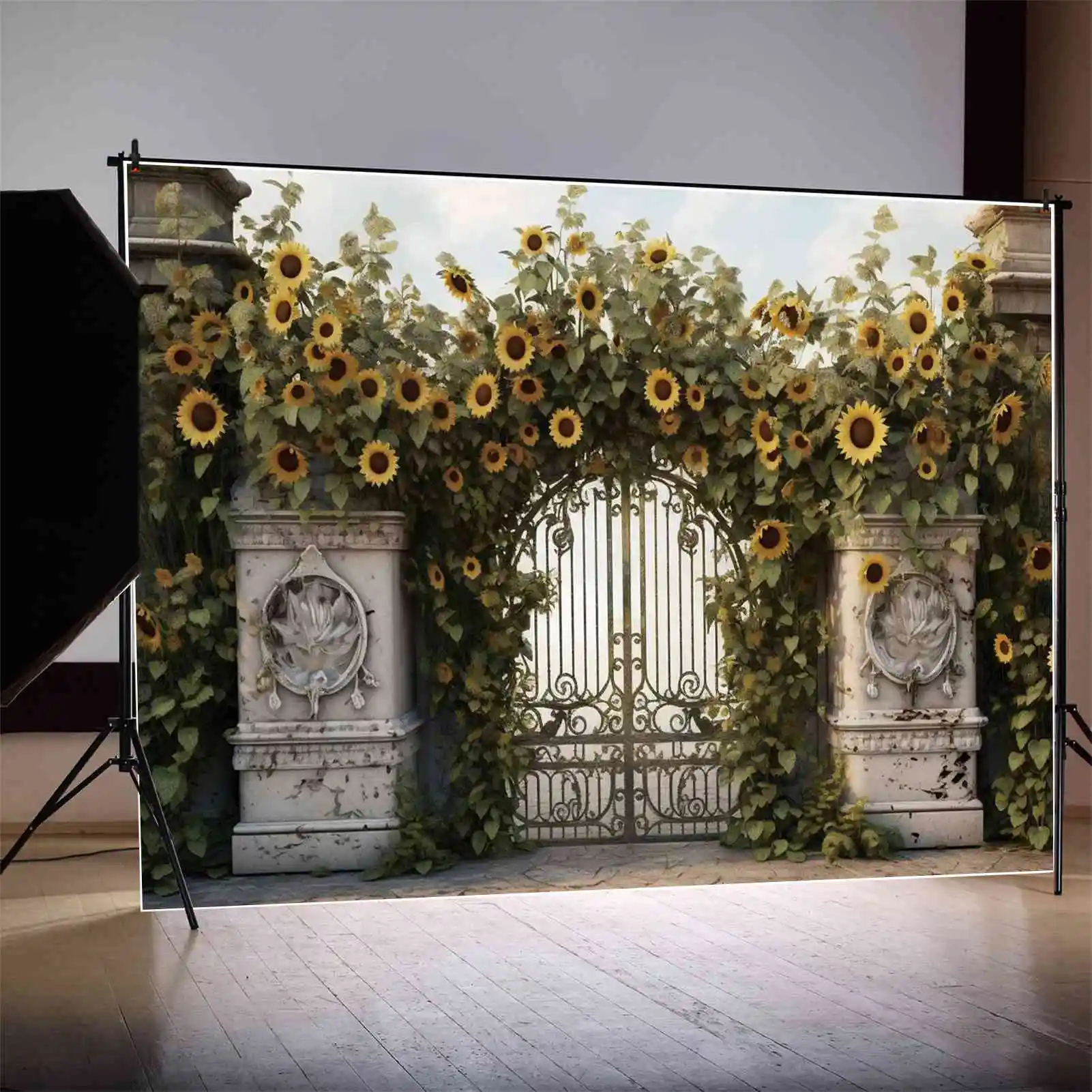 

MOON.QG Backdrop Sunflowers Marble Texture Fence Arch Door Gate Decorations Birthday Background Women's Party Wall Photo Booth