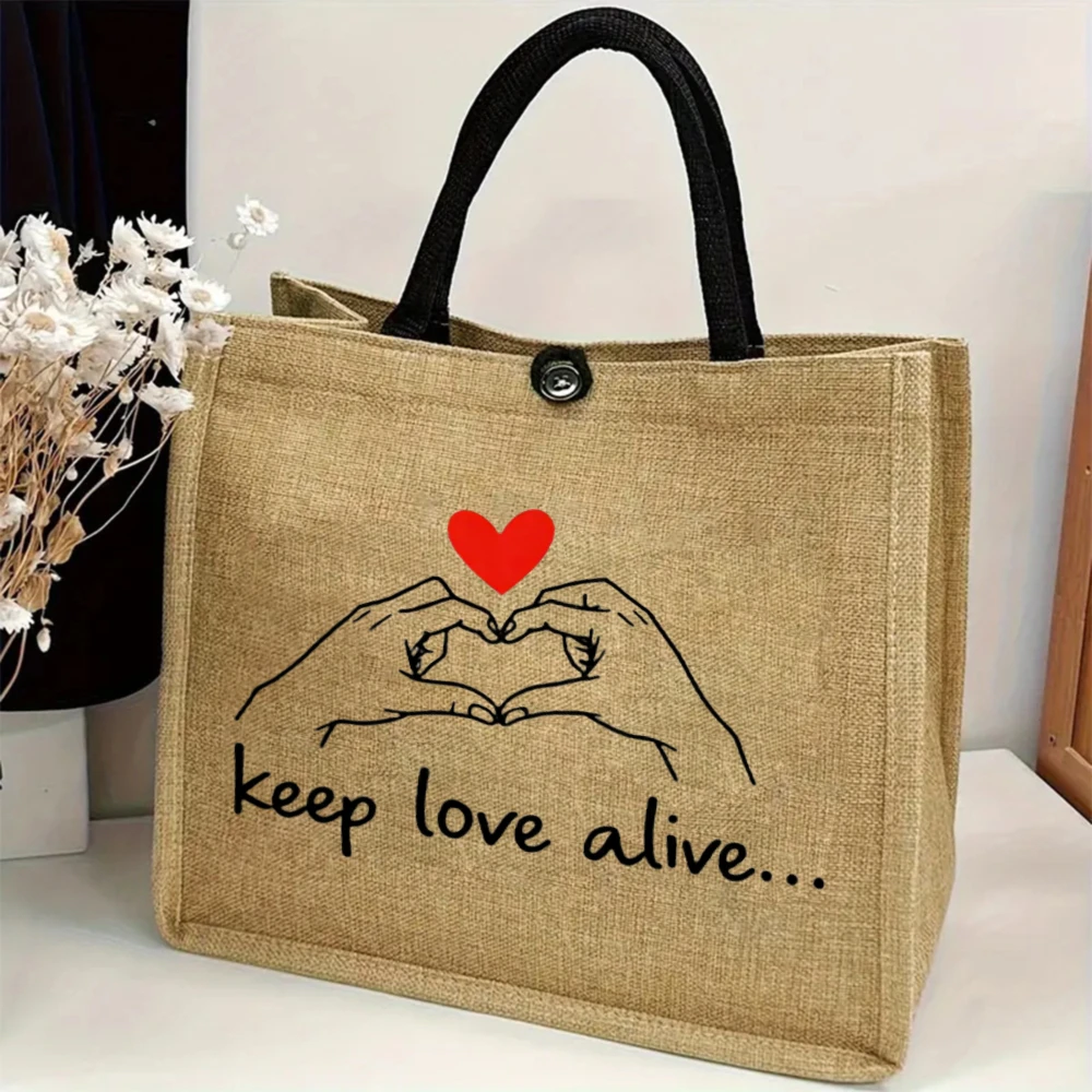 

Women's Linen Tote Bag Heart and Hand Design Open Shopping Bags with Heart Hollow and "Keep Love Alive" Words Handbag