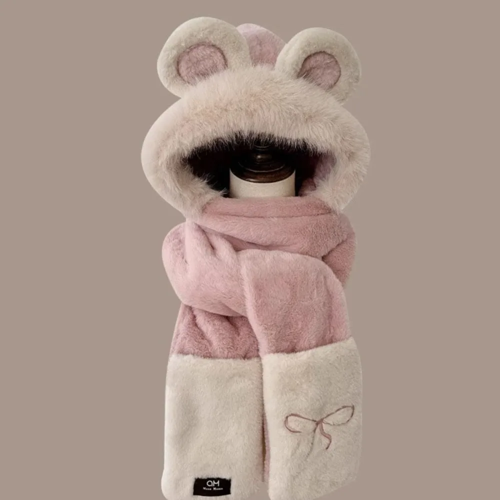 

Cute Bear Ears Plush Hat Embroidery Bow Earmuff Scarf Hat Glove for Women Cartoon Ear Protection Furry Scarf Cap Set Winter