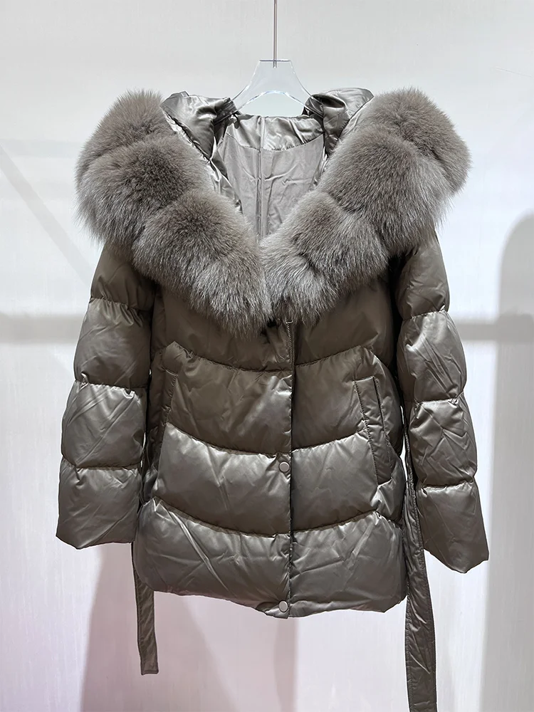 2025 moda inverno feminino 90% ganso para baixo jaqueta natural gola de pele de raposa real com capuz grosso quente luxo pele puffer parka casaco