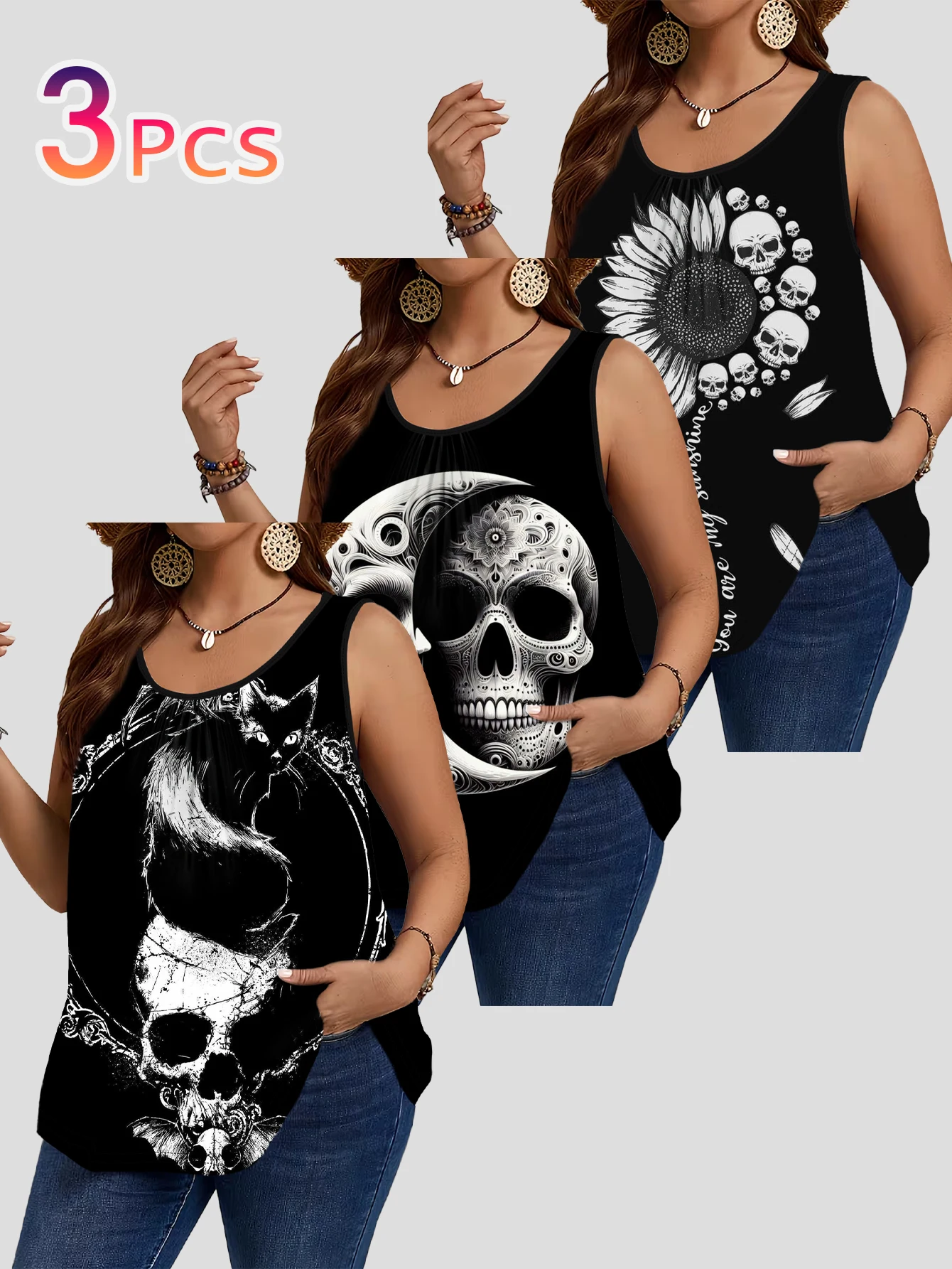 3-Piece Set of Plus-Size Women's Tank Tops with Skull, Black Cat, and Moon Art Print, Round Neck, Loose Fit, Sleeveless Tops