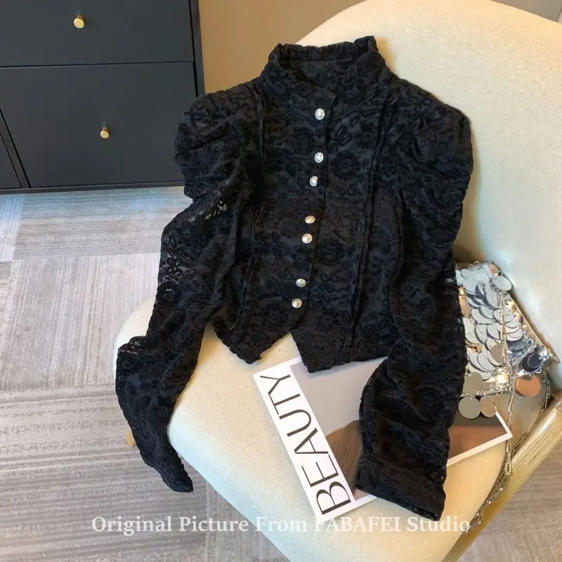 

Court lace crochet bubble sleeve shirt women's spring fleece thickened bottoming shirt French semi-turtleneck small top