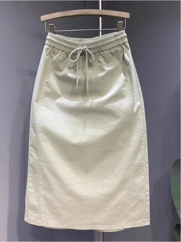

Outlet Store Drawstring Elastic Waist Loose Slimming Washed Midi Skirt Casual Versatile High Waist A-Line Skirt