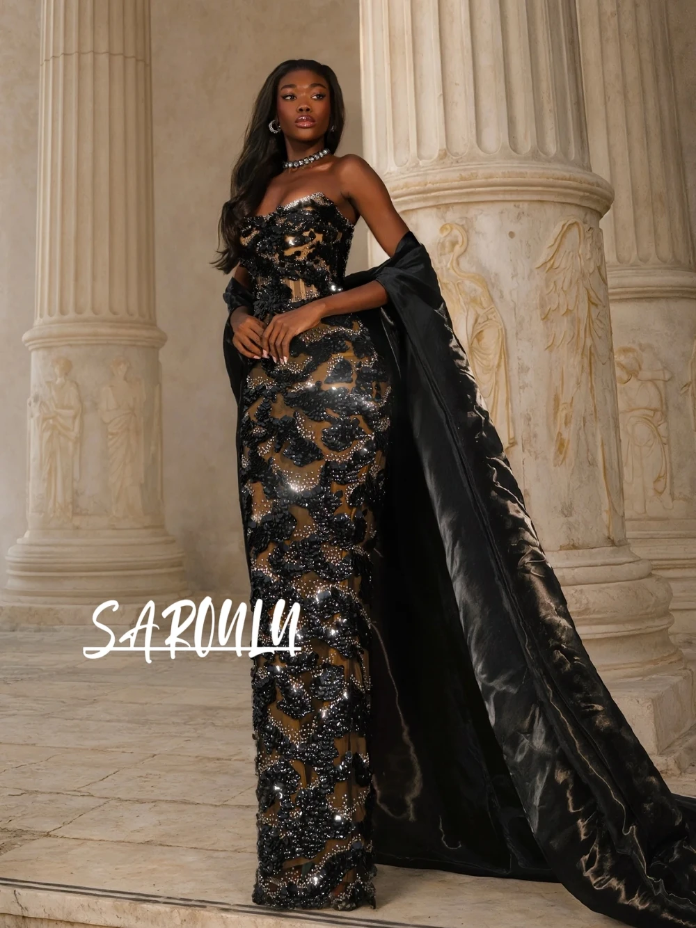 

Черное вечернее платье-русалка без бретелек с кристаллами и бисером, женское, с 3D цветочным декором, уникальное, на заказ, для выпускного вечера, с накидкой, для торжественных мероприятий