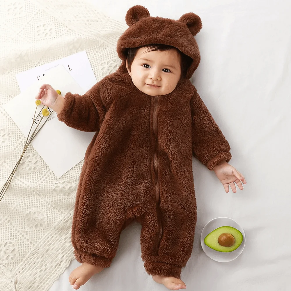 Peleles gruesos y cálidos Kawaii para bebé, monos infantiles con forma de oso de lana Coral, pijamas para recién nacido con capucha y cremallera de terciopelo suave de 3 a 9 meses