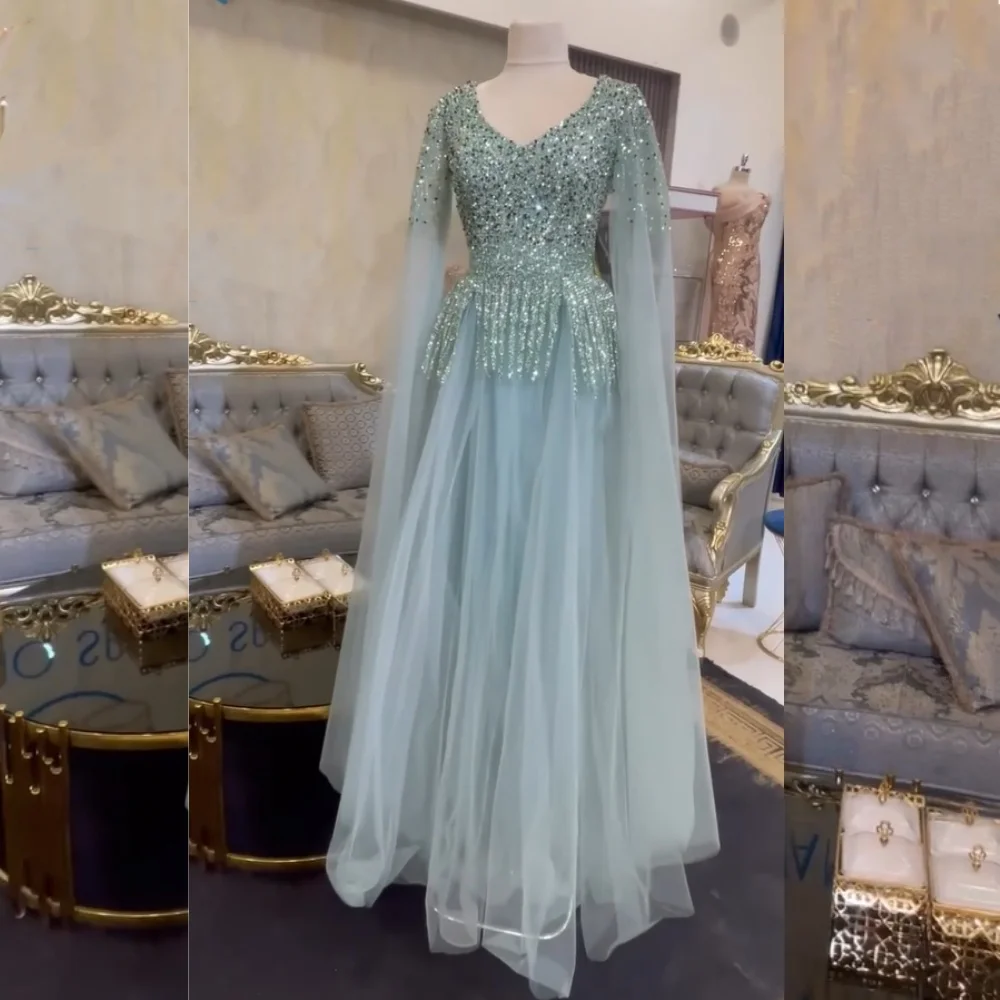 

Customized Sparkle Net Pattern Sequined Pleat A-line V-neck Long Dresses Bespoke Occasion Evening Chinese Style