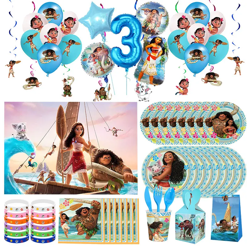 Moana Theme Birthday Decorations Party Disposable Tableware Balloons Vaiana Birthday Tableware Plates Cups Straw Girl Party Gift