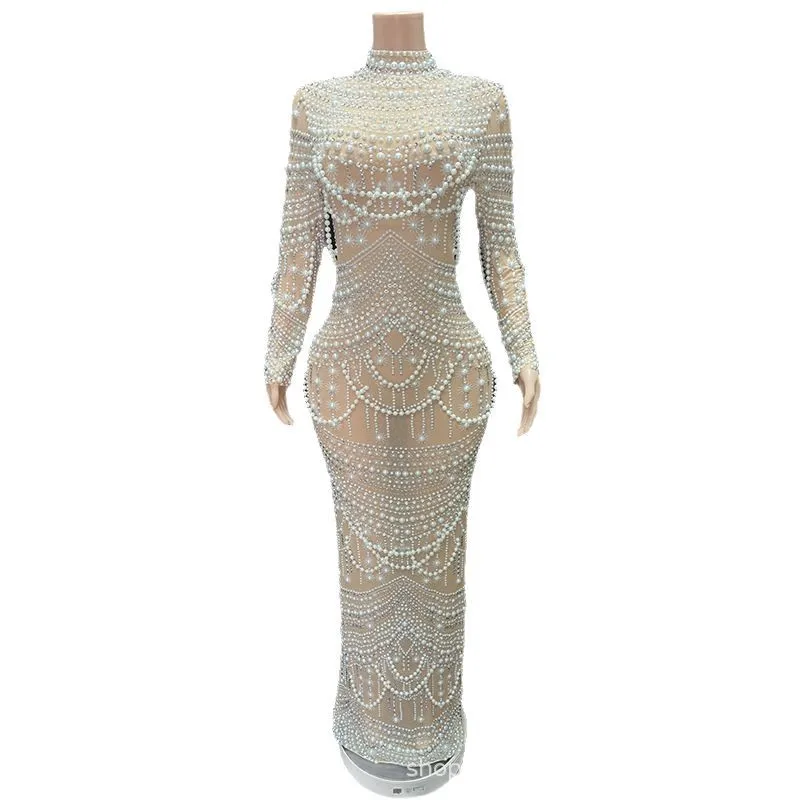 

Роскошное платье из сетки с искусственным мясом и жемчугом, одежда для выступлений на красной дорожке, Vestidos De Graduación